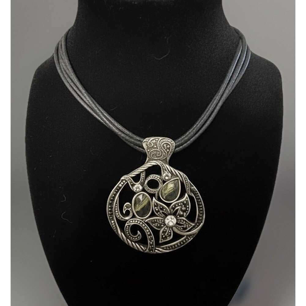Green Moonstone Floral Statement Pendant With Black Leather Seed Bead Necklace